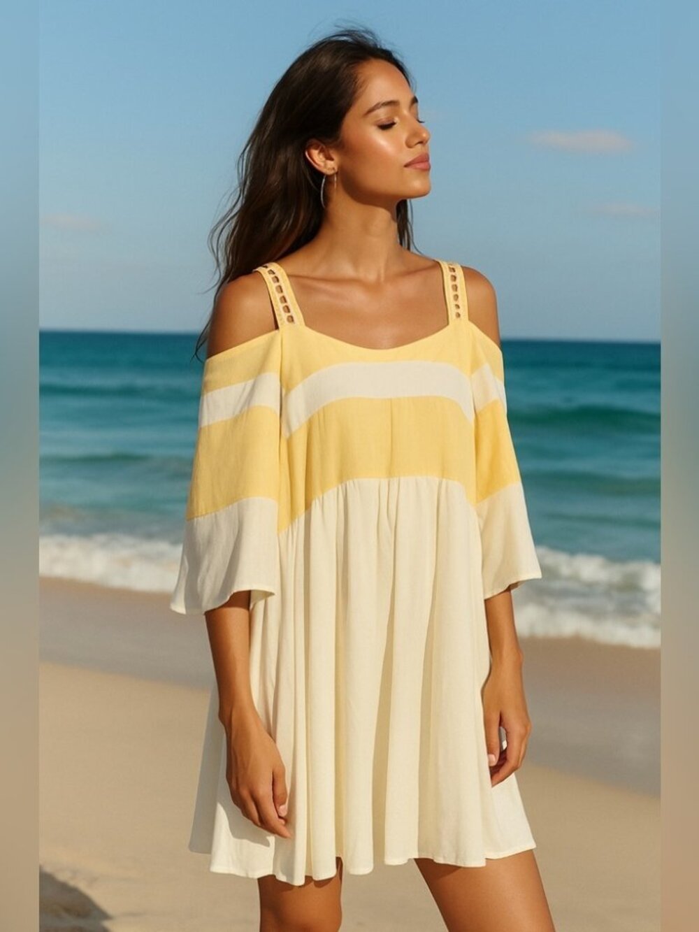 NWT Sancia La Palme Striped Cold Shoulder Shift Dress Cream Flax